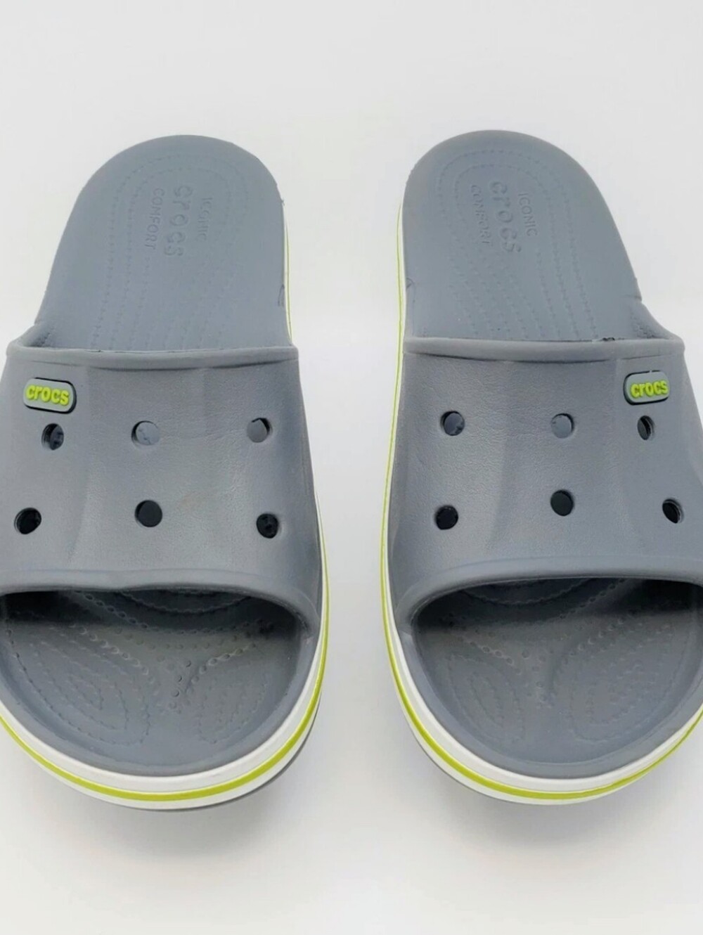 CROCS Charcoal Gray Slide with Lime Green Stripe Unisex - Picture 2 of 11